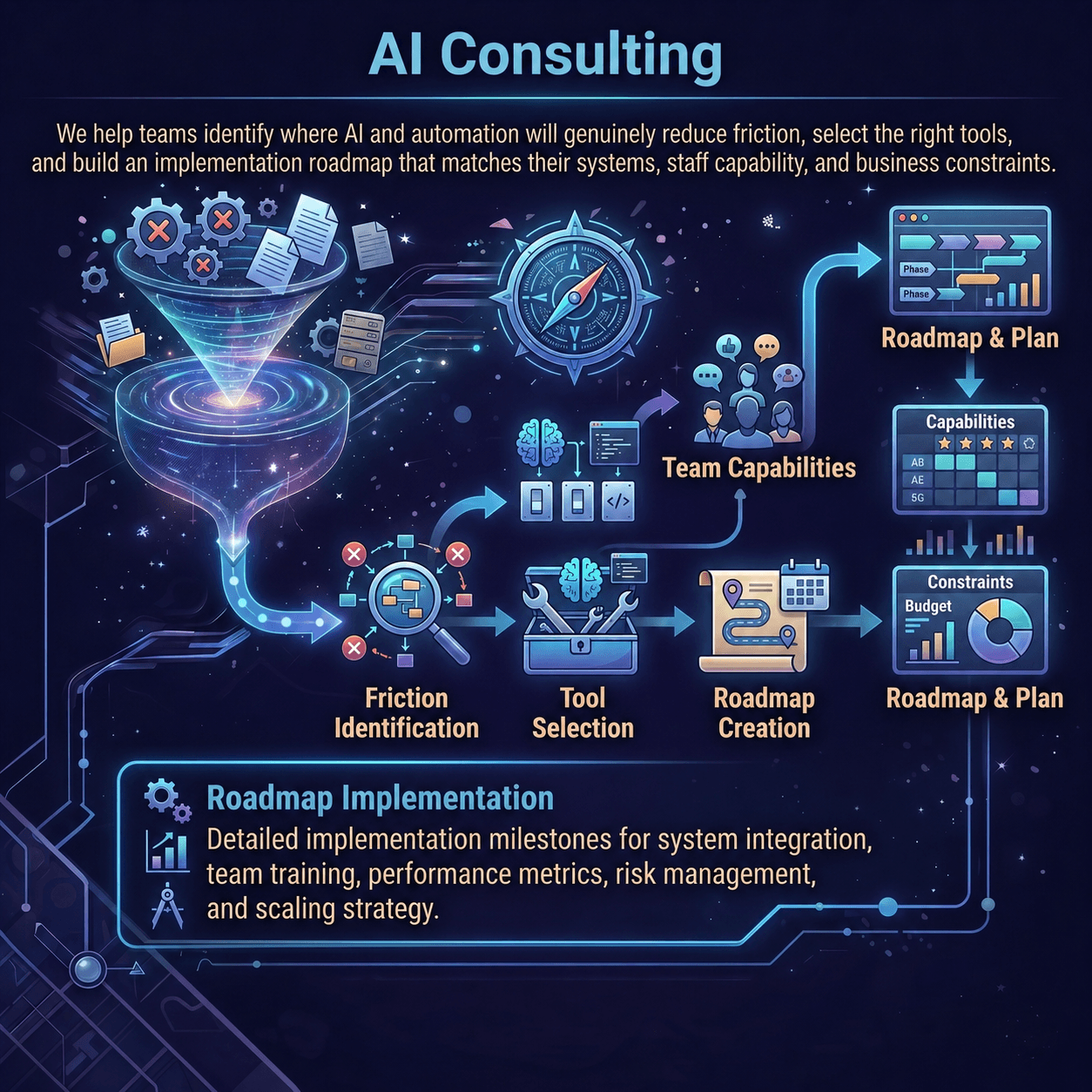 AI consulting workshop showing workflow analysis, automation opportunity mapping, system design decisions, and implementation planning.