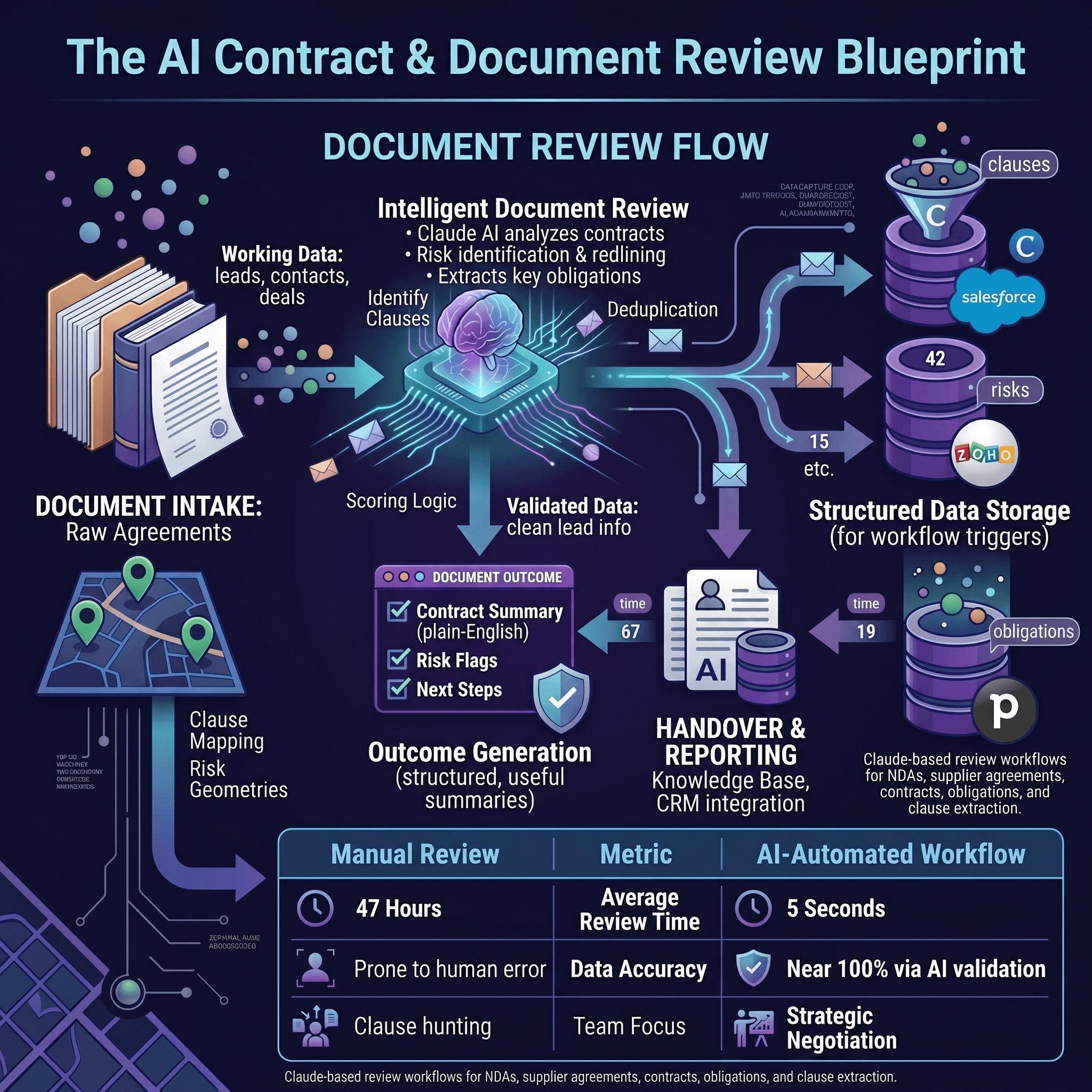 AI contract and document review workflow infographic showing document intake, Claude analysis, clause extraction, risk flags, obligation summaries, and human review escalation.