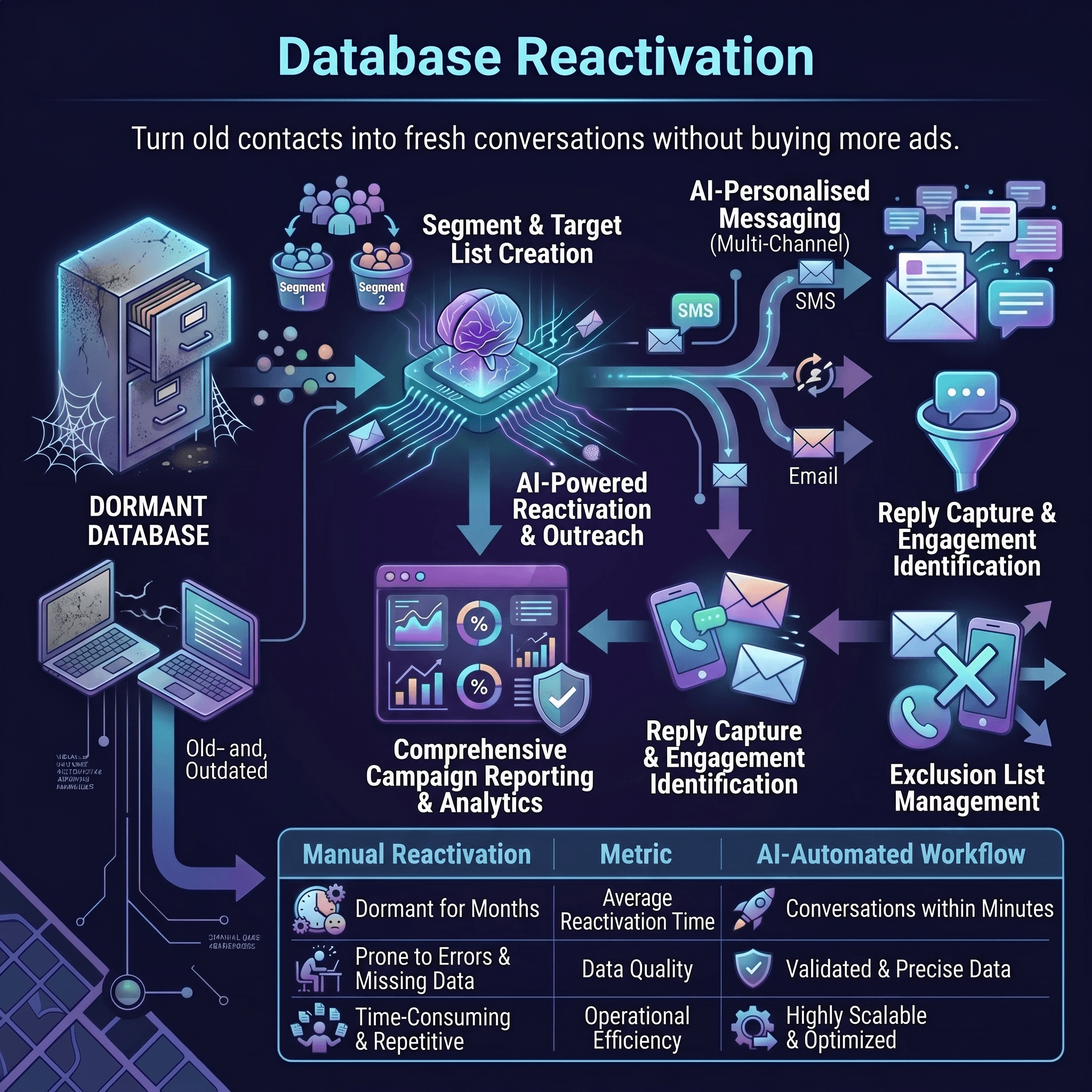 Database reactivation workflow showing dormant contacts segmented, messaged, tracked, and routed back into CRM campaign reporting.