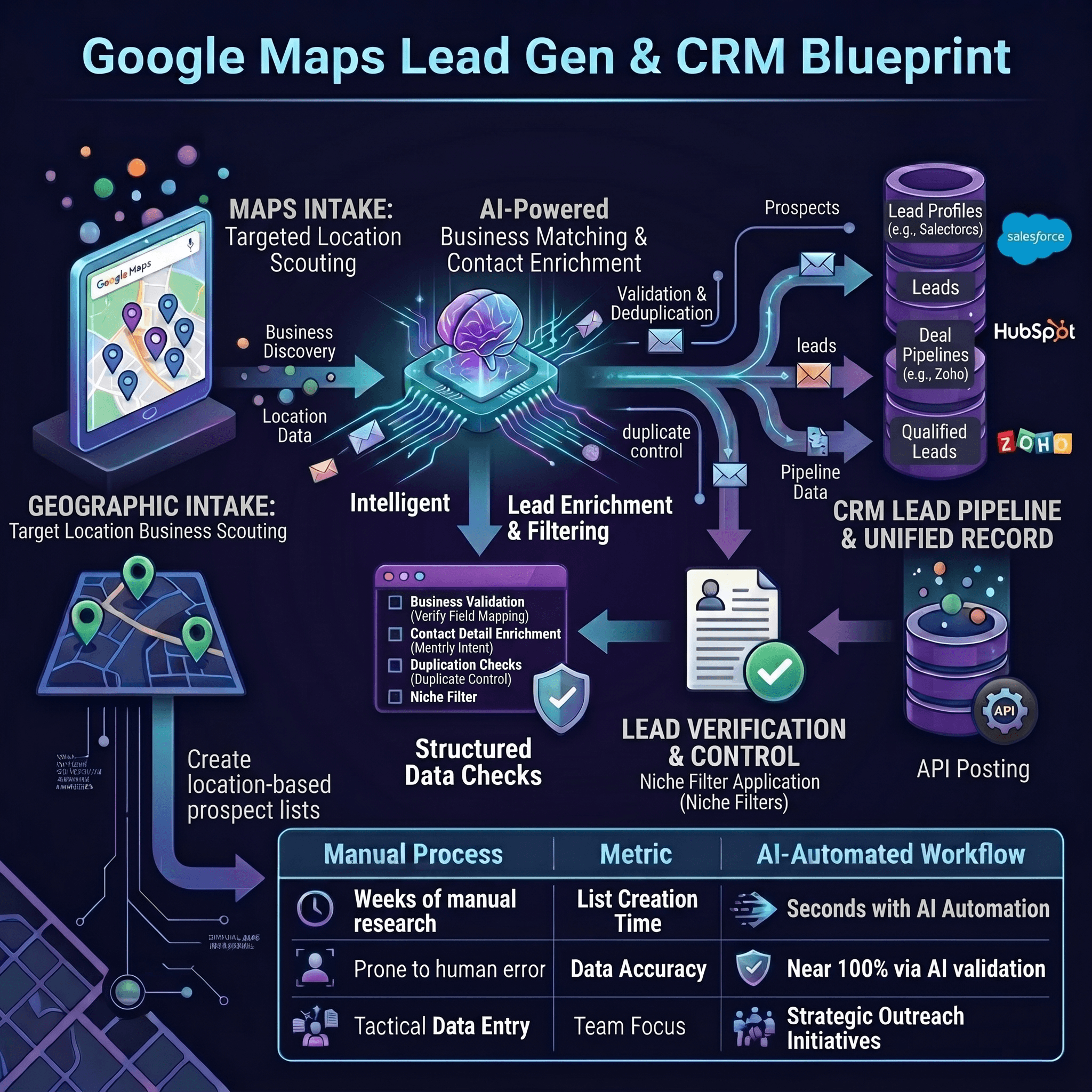 Google Maps lead generation workflow showing mapped prospects flowing into enrichment, scoring, and CRM stages.