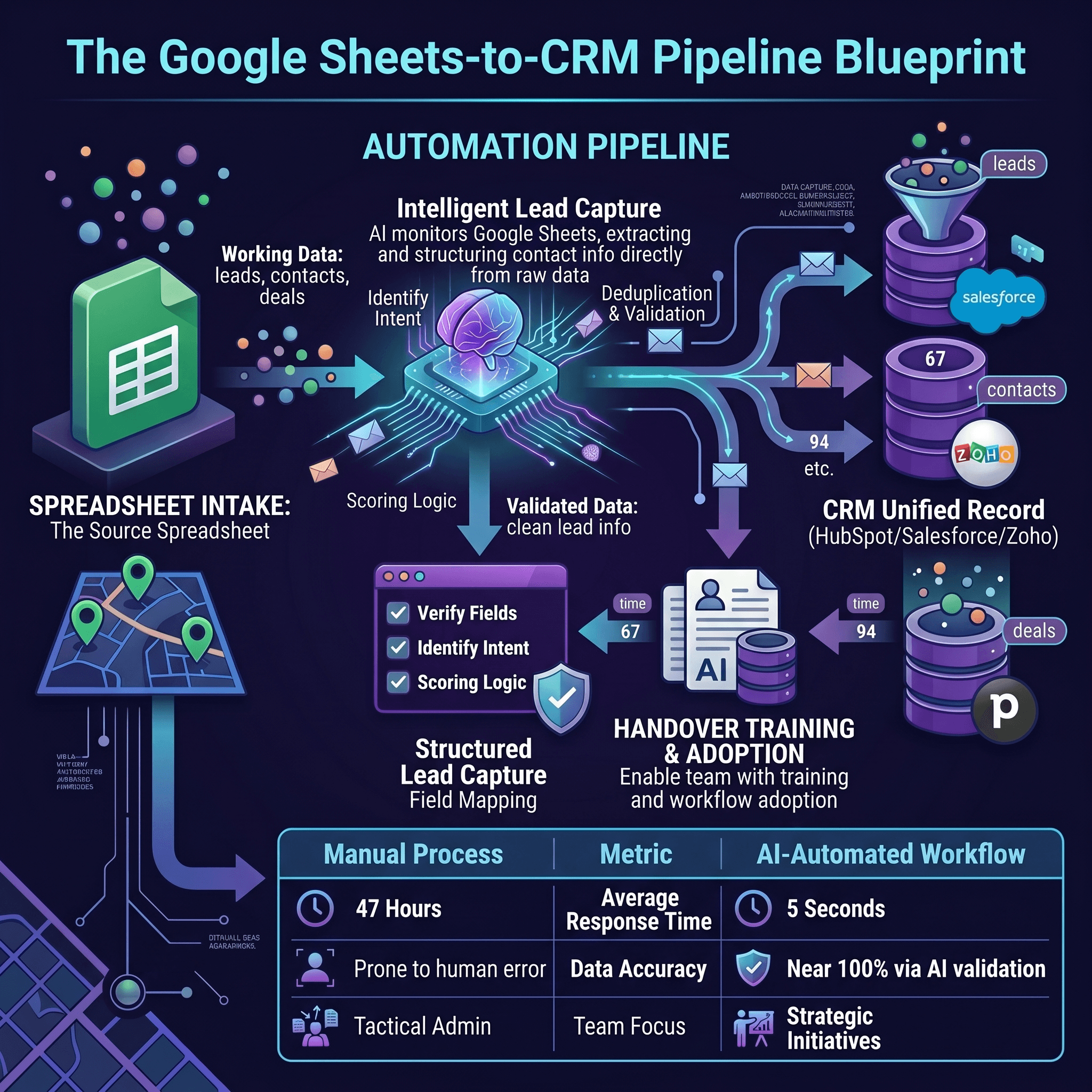 Google Sheets to CRM infographic showing spreadsheet data mapped, cleaned, deduplicated, validated, and synced into HubSpot, Salesforce, or Zoho CRM.