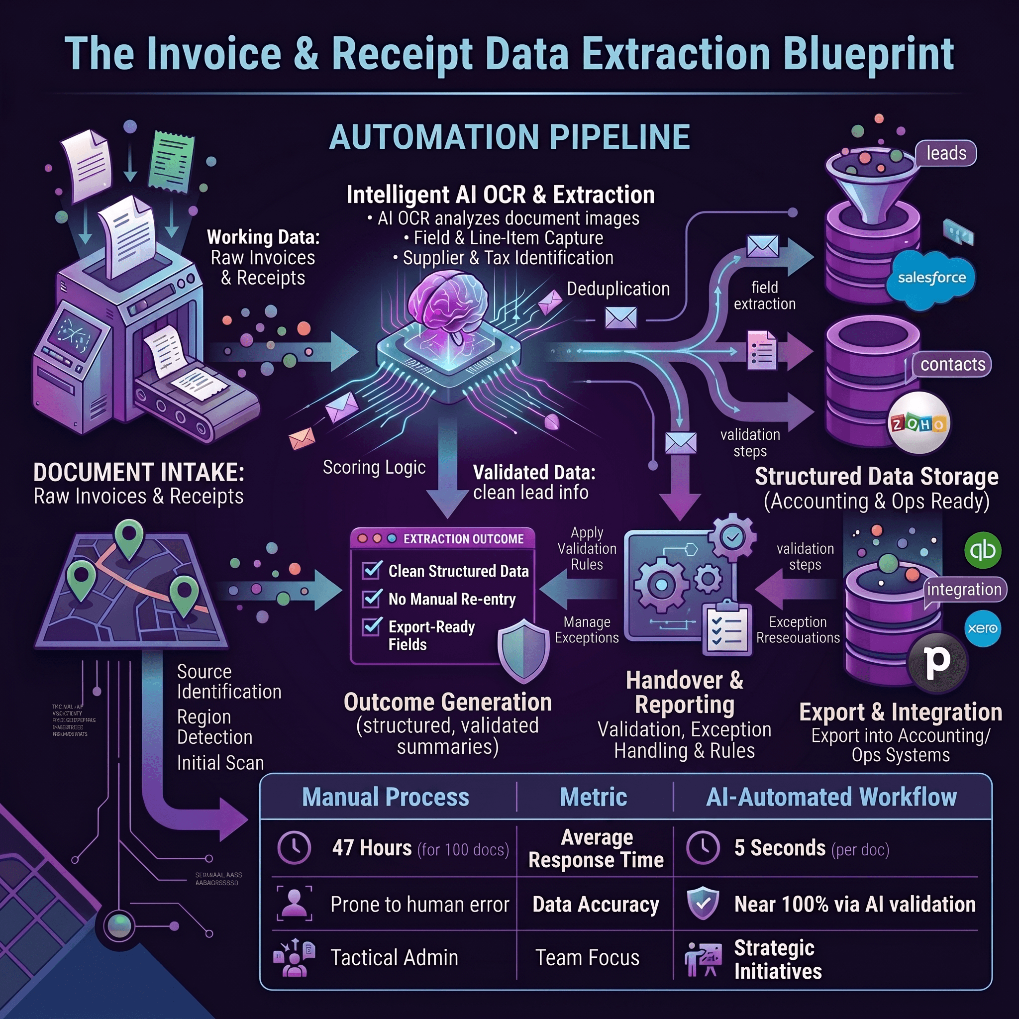 Invoice and receipt data extraction workflow infographic showing document intake, OCR extraction, field and line-item capture, validation, exception review, and export to downstream systems.