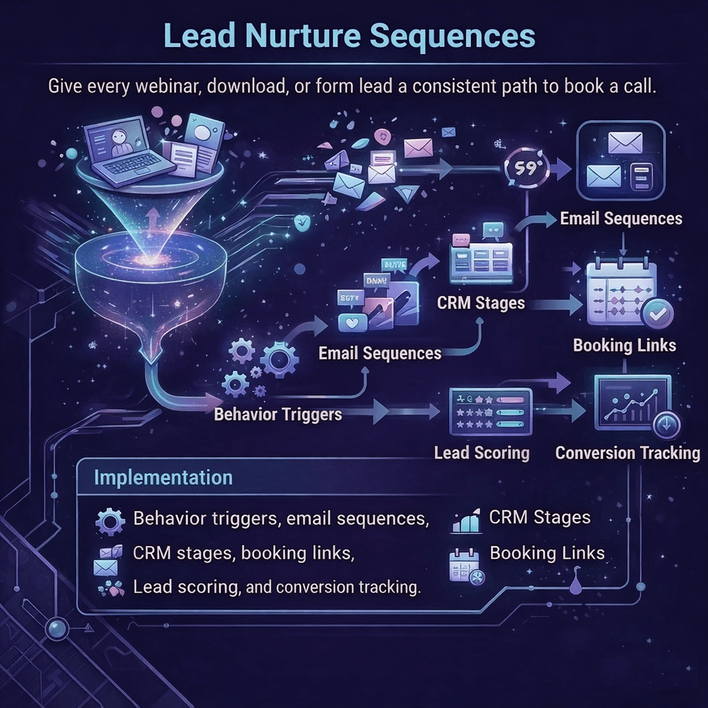 Lead nurture sequence workflow showing new leads moving through email follow-up, CRM stages, booking prompts, scoring, and conversion reporting.