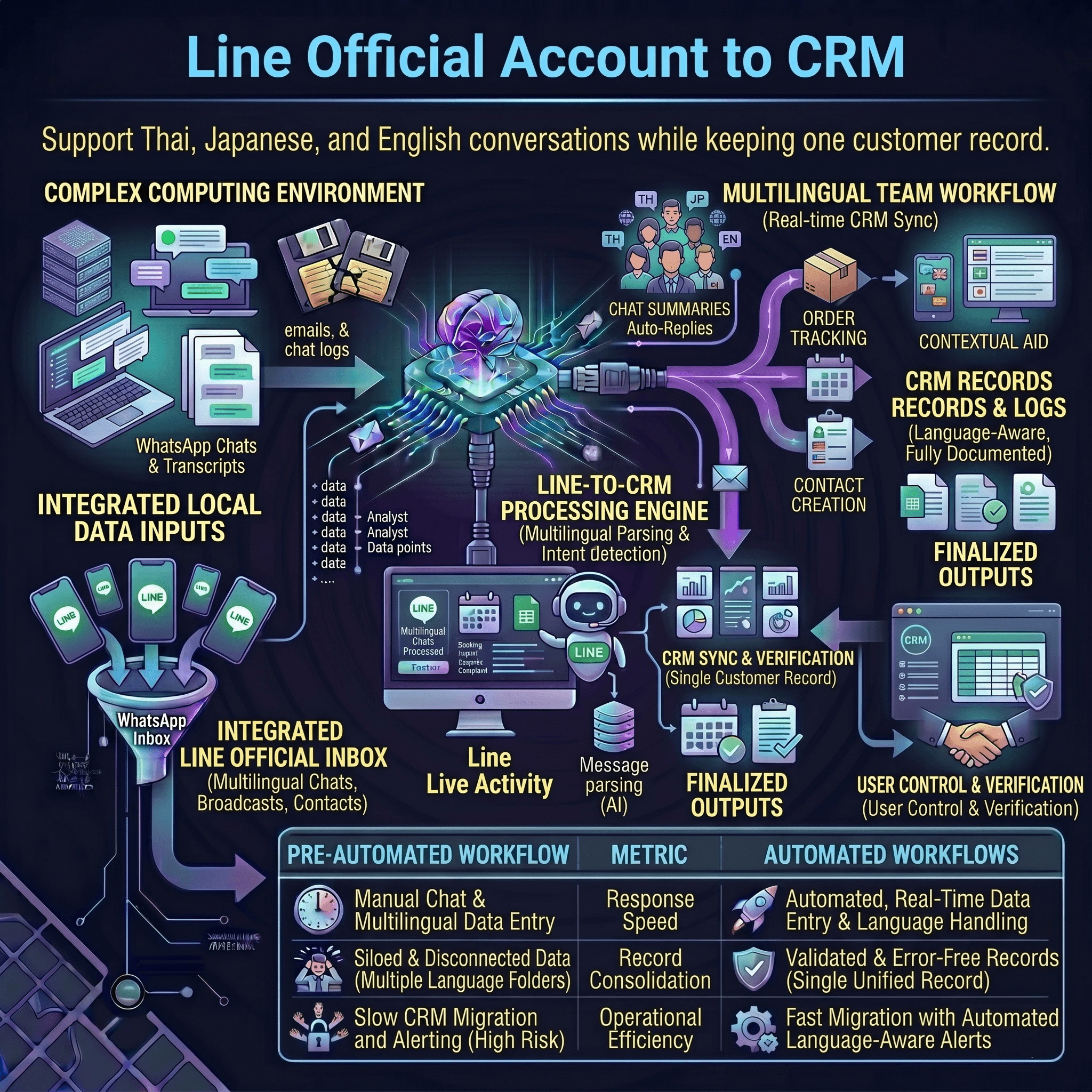 Line Official Account to CRM workflow infographic showing message intake, multilingual parsing, customer record updates, auto-replies, routing, and operational logging.