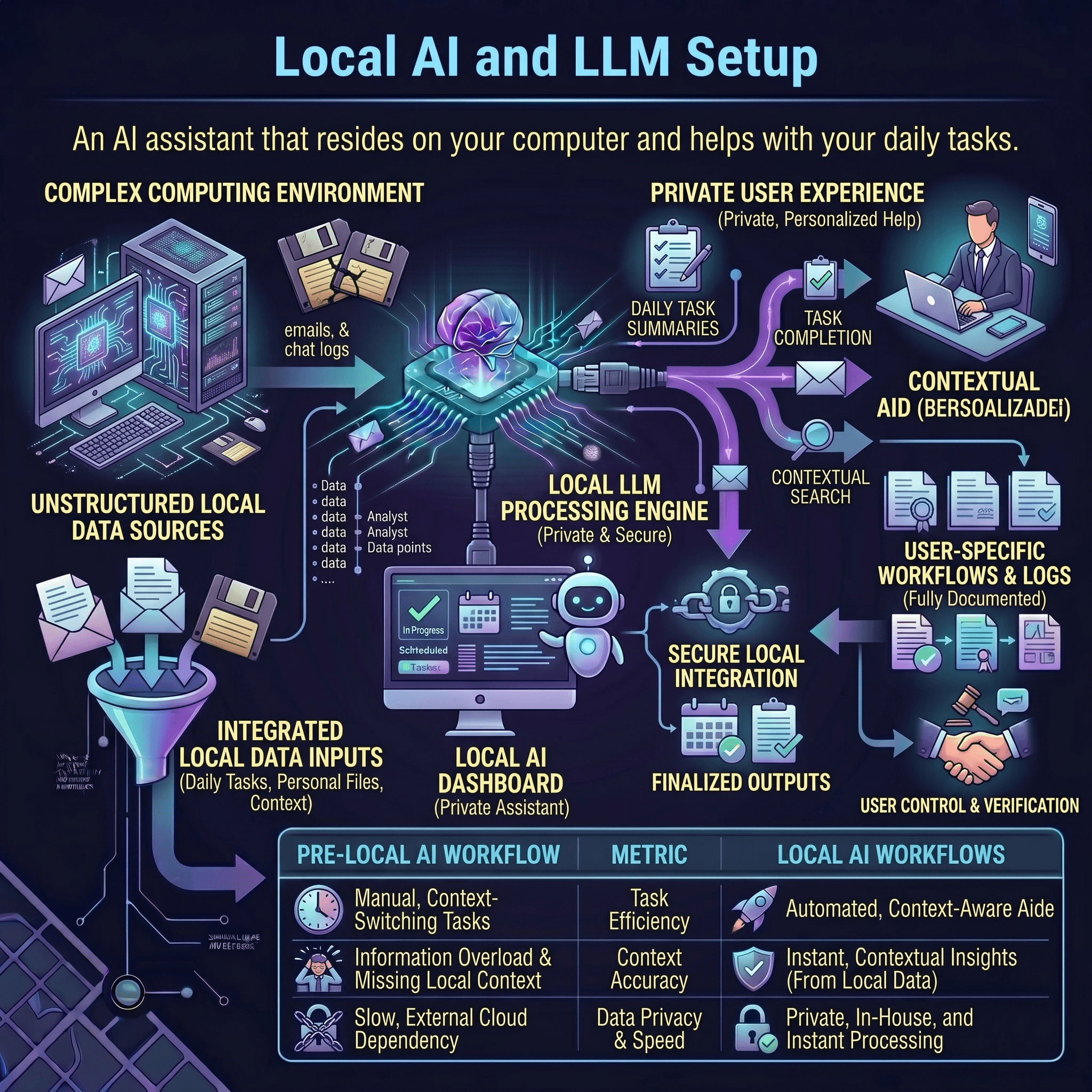 Local LLM setup and training workflow infographic showing private AI environment setup, OpenClaw or Ollama configuration, model selection, workflow guidance, prompt patterns, and team handover.