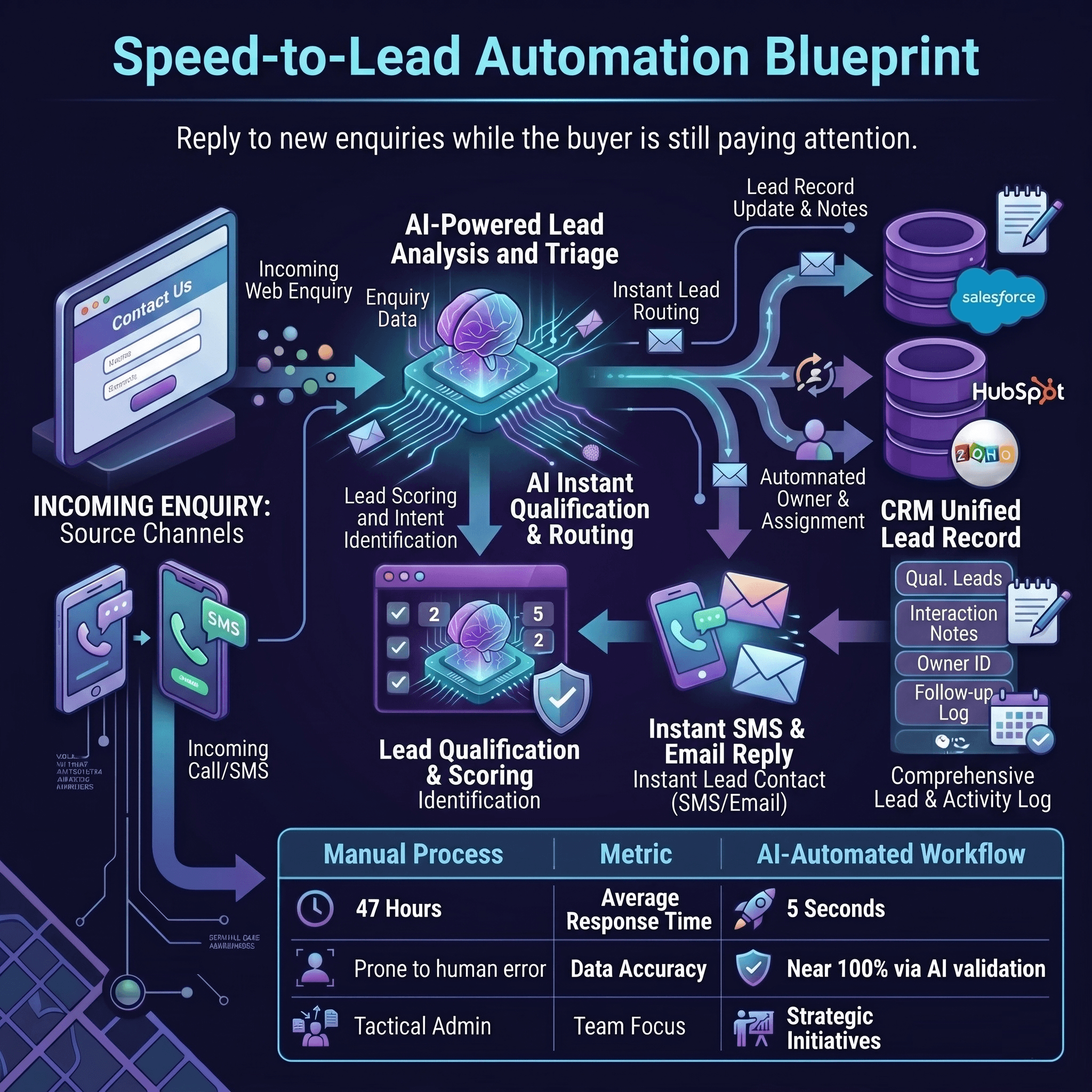 Speed-to-lead automation workflow showing new enquiries routed through SMS, email, CRM updates, qualification, and owner assignment.