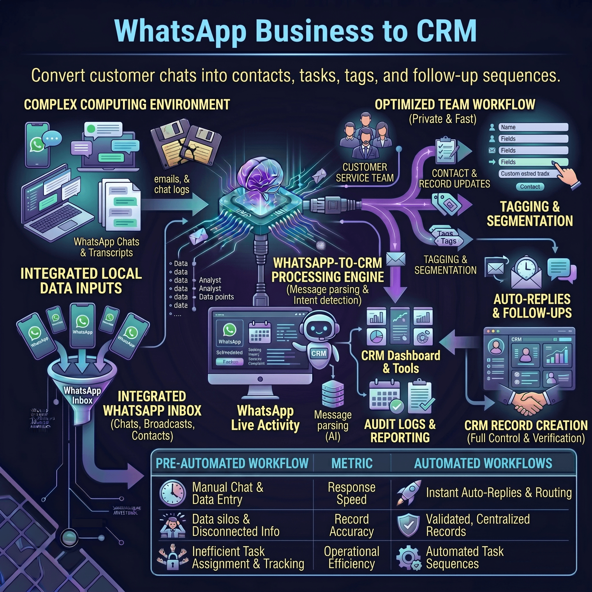 WhatsApp Business to CRM workflow infographic showing message capture, intent detection, CRM record updates, routing, auto-replies, and audit logging.