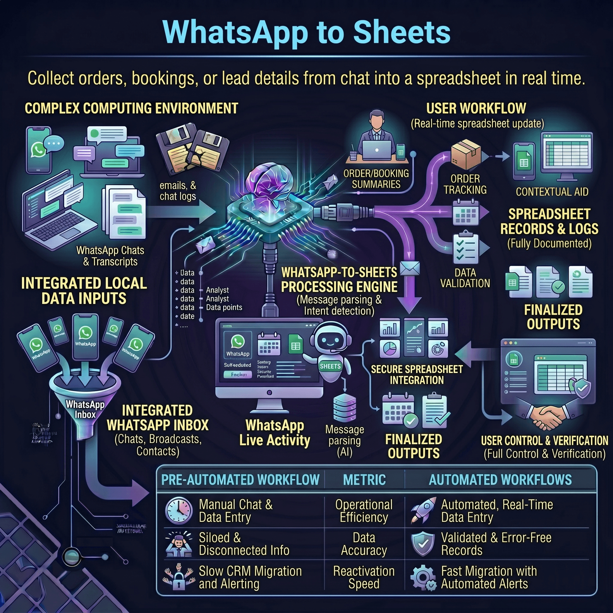 WhatsApp to Google Sheets workflow infographic showing chat capture, structured extraction, validation, duplicate handling, row creation, and team alerts.